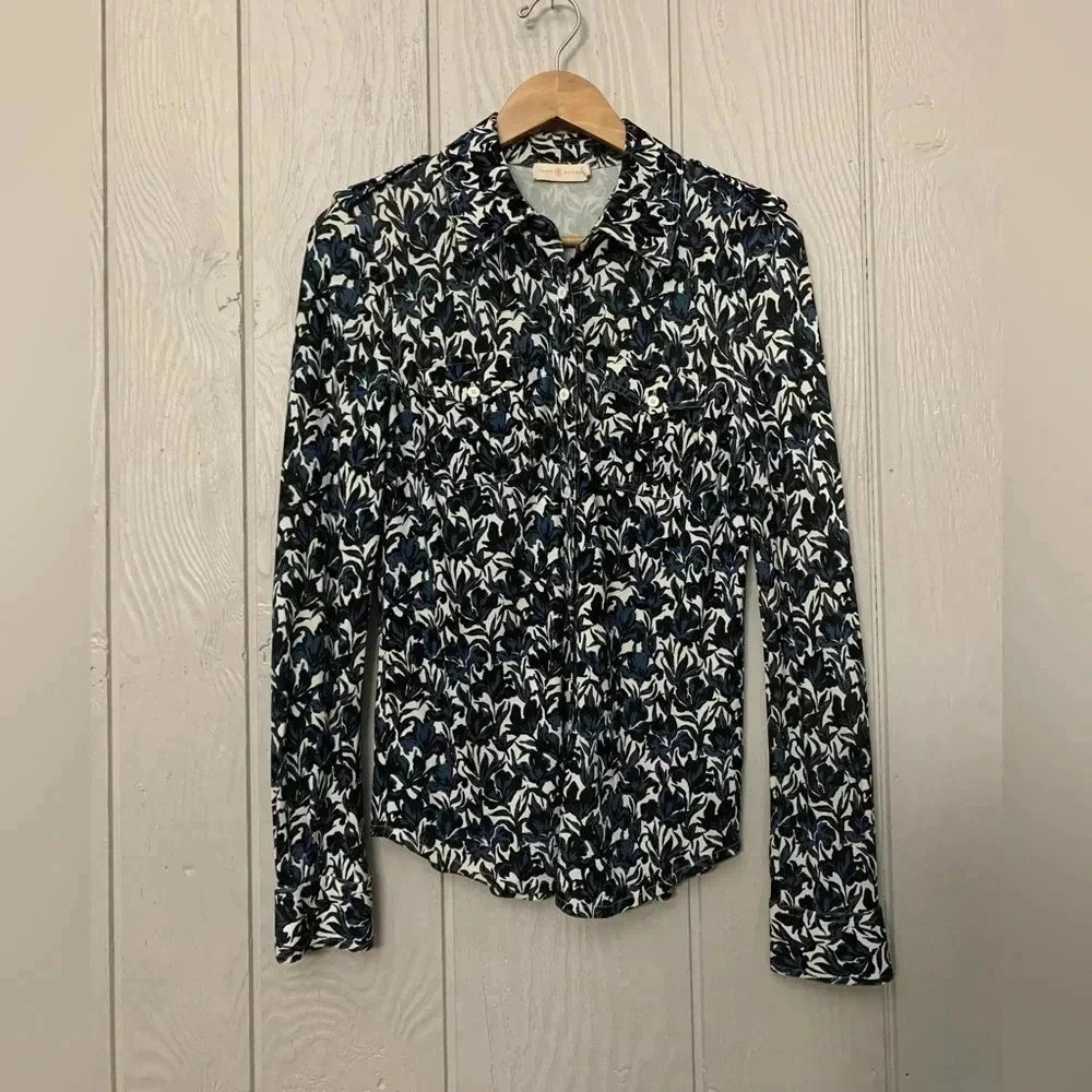 Tory Burch Black White and Navy Floral Button-Down Shirt
